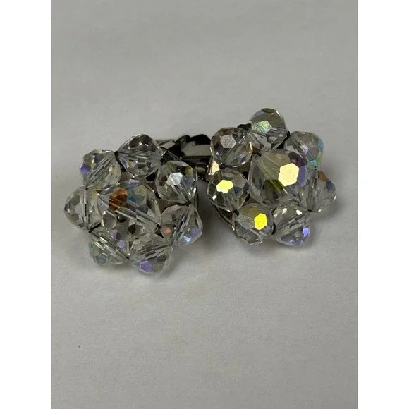Vintage Aurora Borealis Earrings Clear Crystal Sparkle Clip Silver Tone Unsigned - Picture 2 of 7